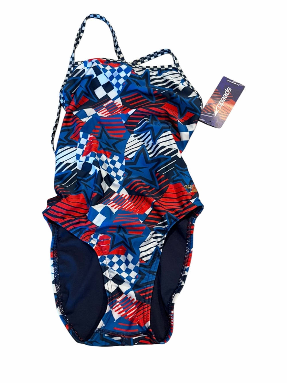 Speedo Girls One Piece Swimsuit Red White Blue Stars Pro LT NWT